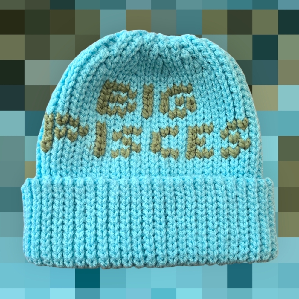 "BIG PISCES", Knit-look 90s beanie, Handmade By Me, Hand Embroidery, Ask OFFER